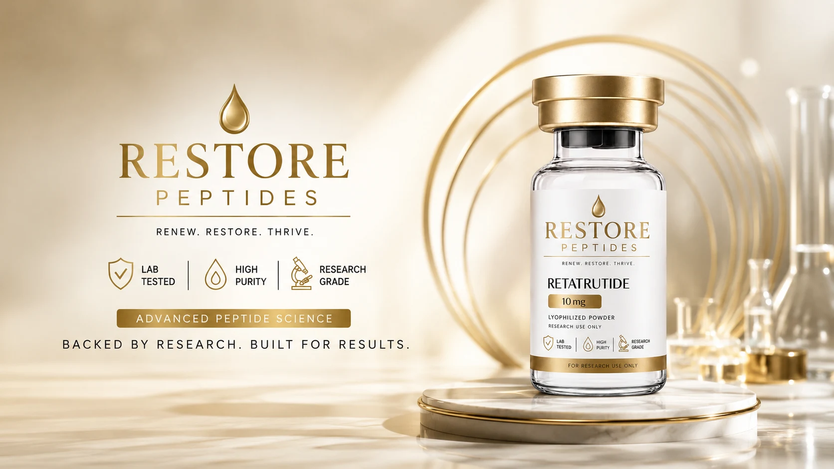 Restore Peptides — 99%+ purity Retatrutide, Tirzepatide, Semaglutide & BPC-157 research peptides, HPLC-MS verified, same-day USPS dispatch